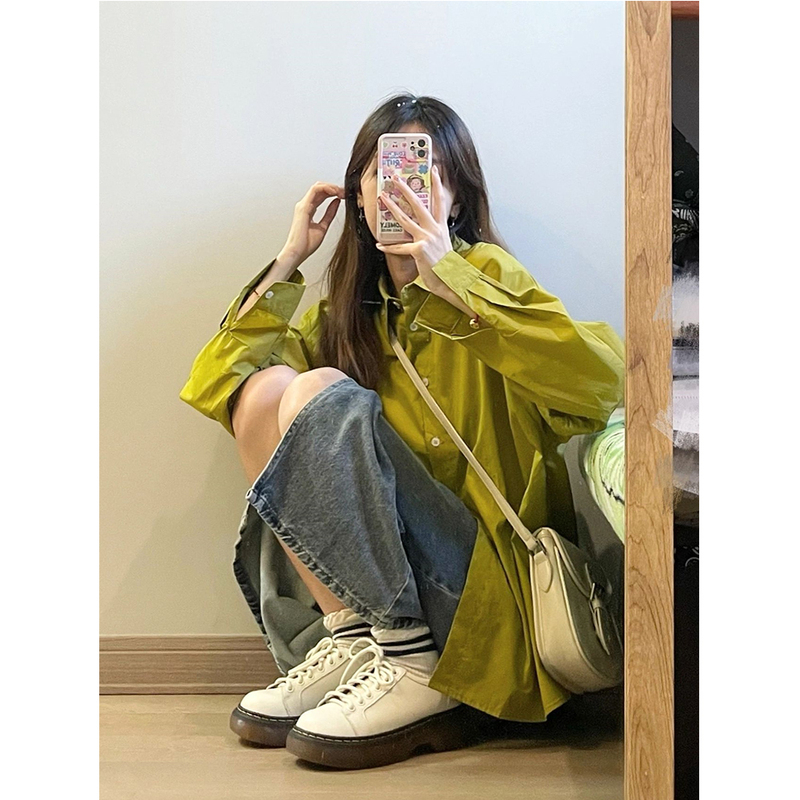 Mustard Green Sun-Protective Shirt for Women, Spring and Autumn Design, Niche Shirt, Retro Japanese Style, High-End, Unique Long-Sleeved Shirt