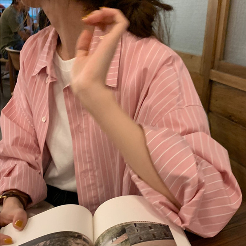2026 Spring and Autumn Pink Striped Age-Reducing Loose Versatile Shirt for Women Korean Style Design Gentle and Lazy Round Neck Shirt 2026 Spring and Autumn Pink Striped Age-Reducing Loose Versatile Shirt for Women Korean Style Design Gentle and Lazy Round Neck Shirt