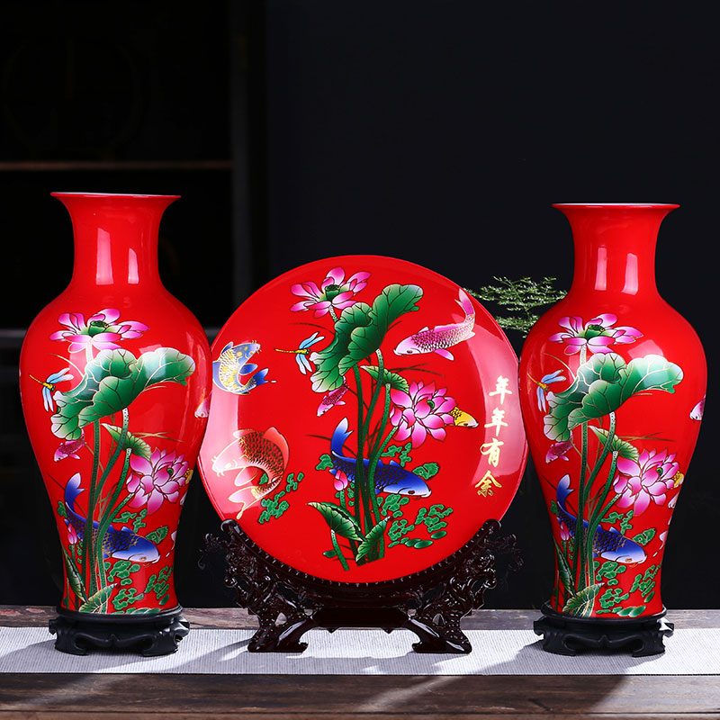 Jingdezhen ceramics China red every year for wining a three - piece vases, hang dish sitting room home furnishing articles