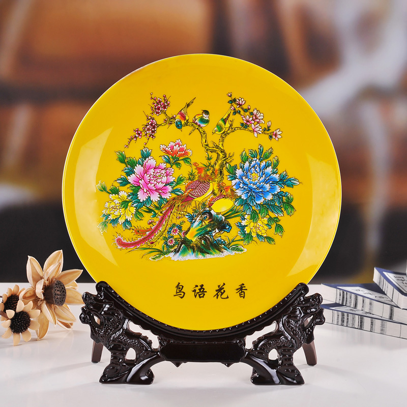 Jingdezhen ceramics glaze yellow crystal three - piece suit modern fashion vase plates home handicraft furnishing articles
