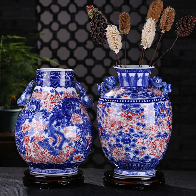 Jingdezhen ceramic vases, Chinese style living room home decoration furnishing articles furnishing articles blue and white porcelain double ears porch decoration