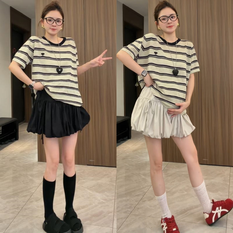 Maternity Two-Piece Set, New Summer Style, Fashionable and Casual Striped Top with Pig Nose Buttons and Flower Bud Skirt, 2026 Korean Version for Women Maternity Two-Piece Set, New Summer Style, Fashionable and Casual Striped Top with Pig Nose Buttons and Flower Bud Skirt, 2026 Korean Version for Women