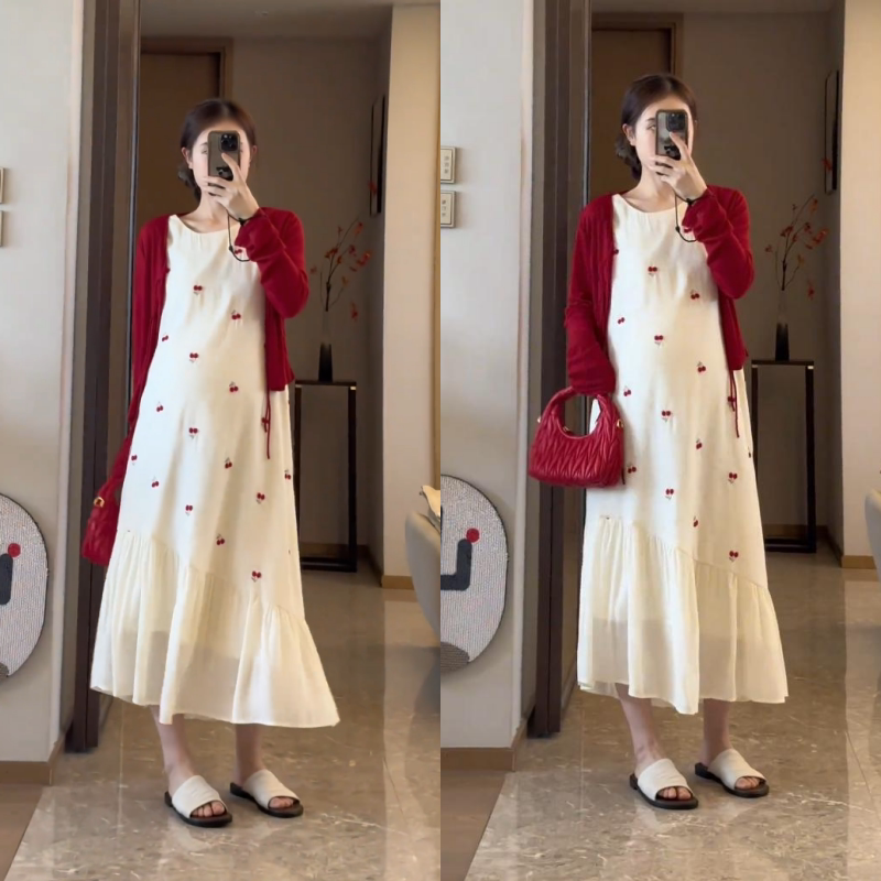 Fashionable Maternity Summer New Style 2025 Design Cherry Embroidery Versatile Skirt Long-Sleeve Sun Protection Cardigan Two-Piece Set