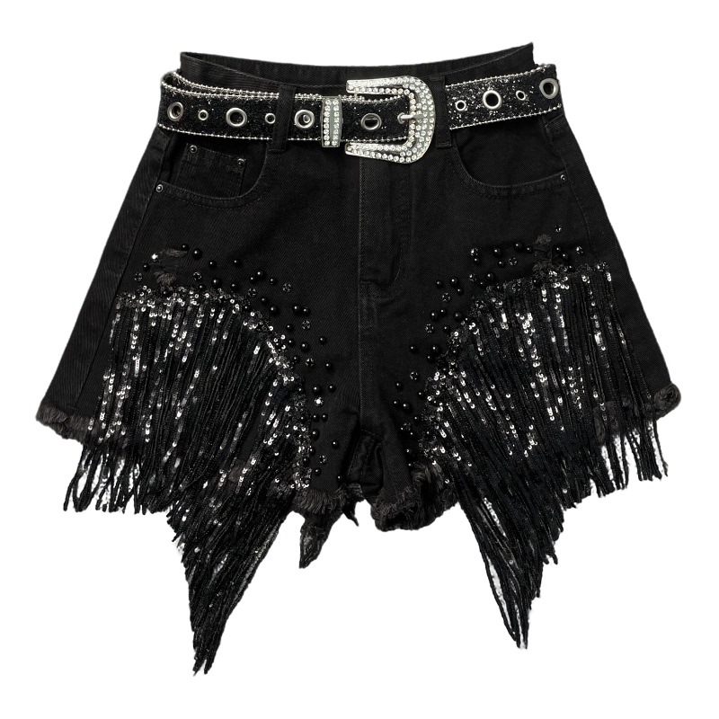European Style 2026 New Heavy Sequin Tassel Denim Shorts for Women, Black High-Waisted Slimming Wide-Leg Hot Pants Trendy European Style 2026 New Heavy Sequin Tassel Denim Shorts for Women, Black High-Waisted Slimming Wide-Leg Hot Pants Trendy