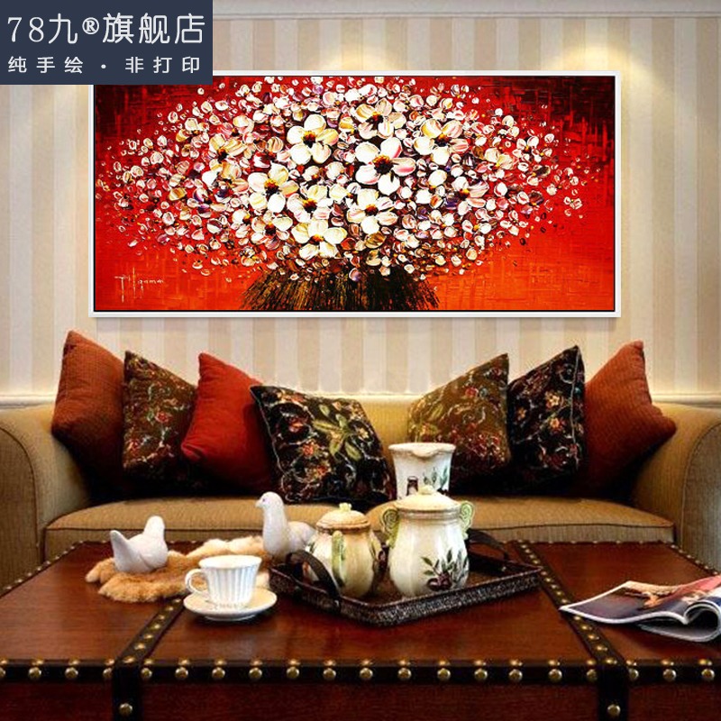 78 Nine American living room fortune tree oil painting Red tone hand-painted knife painting 3D Three-dimensional decorative painting Living room bed painting