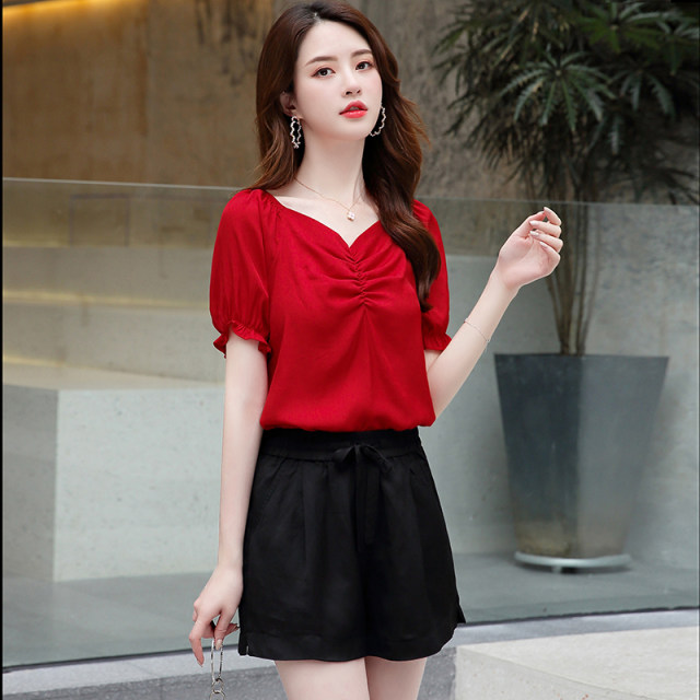 2023 new fashionable shirt to cover belly, fashionable top, Korean style loose V-neck temperament summer chiffon shirt for women