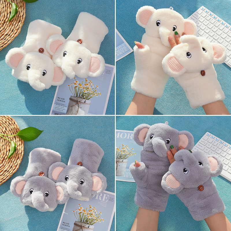 Winter Korean version thickened cycling cute warm cartoon cold-proof winter gloves female students plus velvet Japanese flip cover