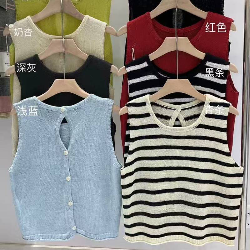 Back Button Hollow Short Ice Silk Sweater Sleeveless Vest Women's Thin Spring and Summer Loose Round Neck Stacked Vest