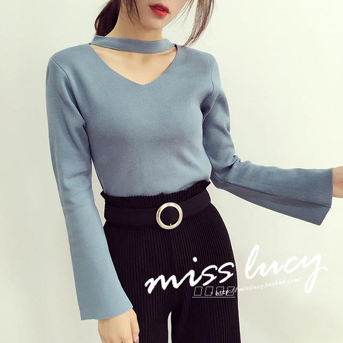 Áo len cổ lọ sang trọng mùa thu siêu tốc áo len nữ 2018 mới tay áo kèn v cổ treo cổ áo mỏng áo len lông thỏ