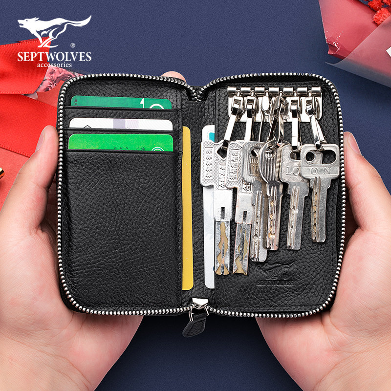 Seven Wolves Key Bag Carpack Two-in-one Male Multifunction Large Capacity Genuine Leather Wallet Woman Practical Zero Wallet