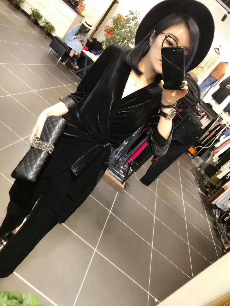 2022 spring and autumn all-match suit gold velvet and leather kimono tie-up top slim fit leggings plus size two-piece set for women - Taobao