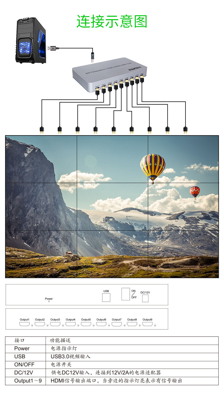 LCD screen 4K HD splicer USB playback multi-screen splicing HDMI TV 3*3 screen segmentation