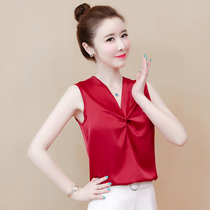 Sleeveless top 2020 Summer new shirt red shirt belly covering belly V collar foreign atmosphere thin Joker chiffon shirt Women