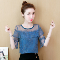 Chiffon shirt womens short sleeve belly covering womens small shirt 2021 summer new aged Foreign style shirt lace shirt