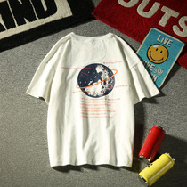 Planet Tour Summer American Tide Mens Print Short Sleeve T-shirt Day Leisure Couple Loose base shirt