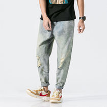 Hurricane summer American retro Tide mens broken jeans Japanese washed youth casual loose trousers