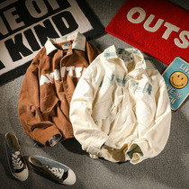 Patchwork neckline spring and autumn trend retro Hong Kong style mens coat corduroy embroidered lapel jacket