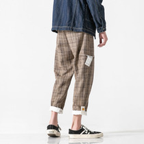 Gentleman Autumn Korean version of the Tide mens plaid long pants Japanese retro loose nine-point Haren pants