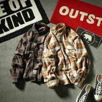 Pleasant Autumn Japanese trend mens plaid plus velvet shirt youth American casual loose shirt