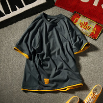 Suspect X Summer Japanese Tide Men Leisure Short Sleeve T-shirt Pure Color Youth Loose Fake Two Pieces of Pure Cotton