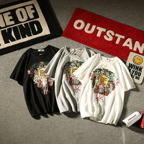 Colorful Paradise Summer Japanese Cartoon Print Tide Men Short Sleeve T-shirt American Retro Teen Round Neck base shirt