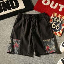 Fanghua summer Chinese style men stitching casual linen shorts Japanese retro loose cotton linen drawstring five-point pants