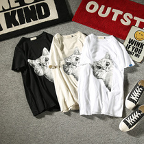 Cute kitten cartoon printing summer personality trend menswear Japanese vintage youth casual short-sleeved T-shirt