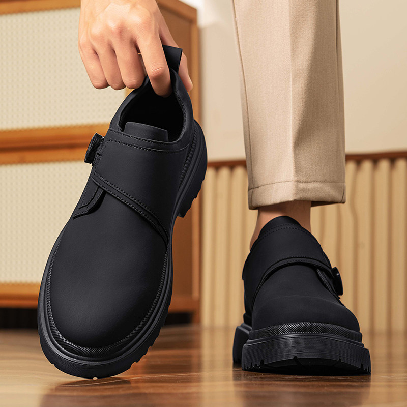 Men's Leather Shoes for Autumn and Winter with Rotating Buckle, Business Formal Thick-Soled Derby Shoes, Men's Casual Low-Top Martin Boots