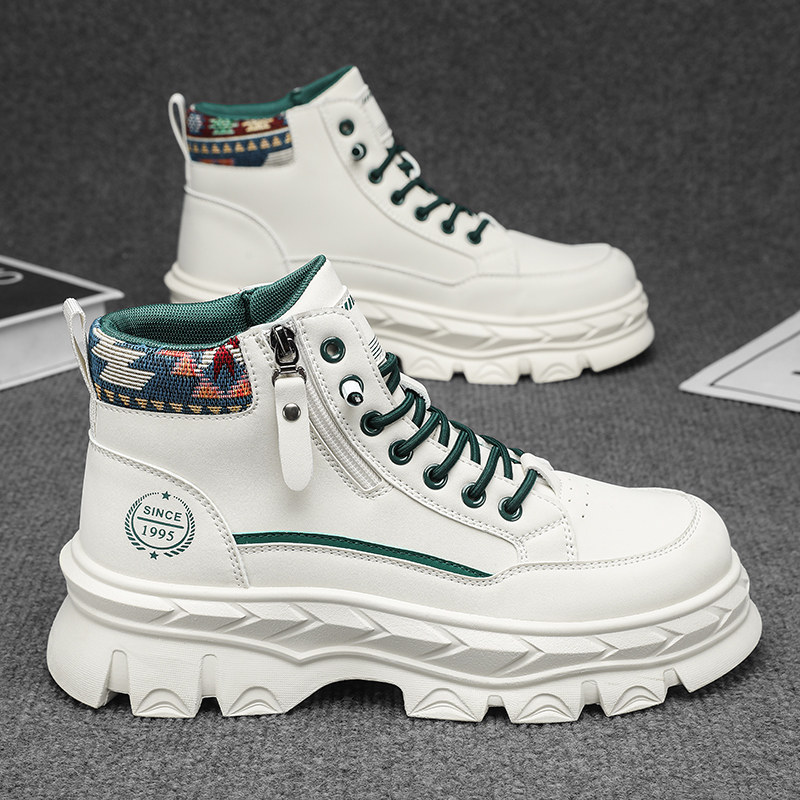 High-Top Men's Shoes, Winter 2025 New Trendy Brand Versatile Leather Work Boots, Men's Thick-Soled Height-Increasing White Martin Boots