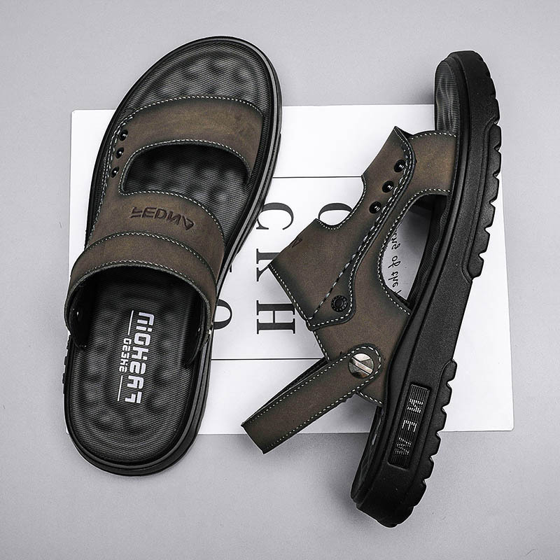 Dad's Genuine Leather Sandals for Men, 2026 New Summer Style, Suitable for Outdoor Wear, Driving, Sports, Leisure, Non-Slip, Odor-Resistant Beach Slippers