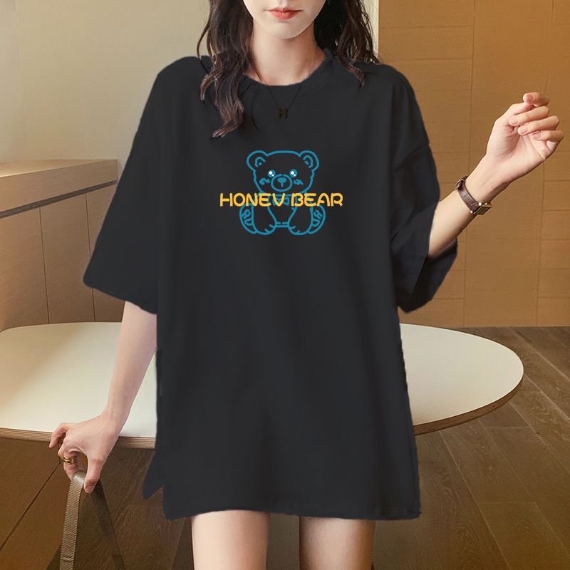 Slit T-Shirt for Pregnant Women, American Style, Plus Size, Covers the Belly, Short-Sleeved, Black, Loose, Mid-Length, Pure Cotton Top