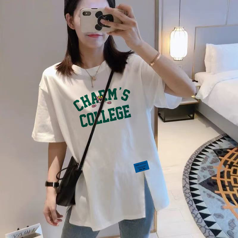 Pregnant Women's Summer Pure Cotton Slit T-Shirt, Loose Fit, Large Size, Not Revealing Pregnancy, Versatile, Belly-Covering Maternity Wear, Short-Sleeved Top