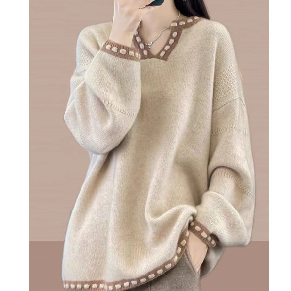 Maternity Wear Autumn and Winter Design, Large Size V-Neck Color-Blocked Base Shirt Sweater for Women, Does Not Show Pregnancy, Loose and Lazy Knitwear