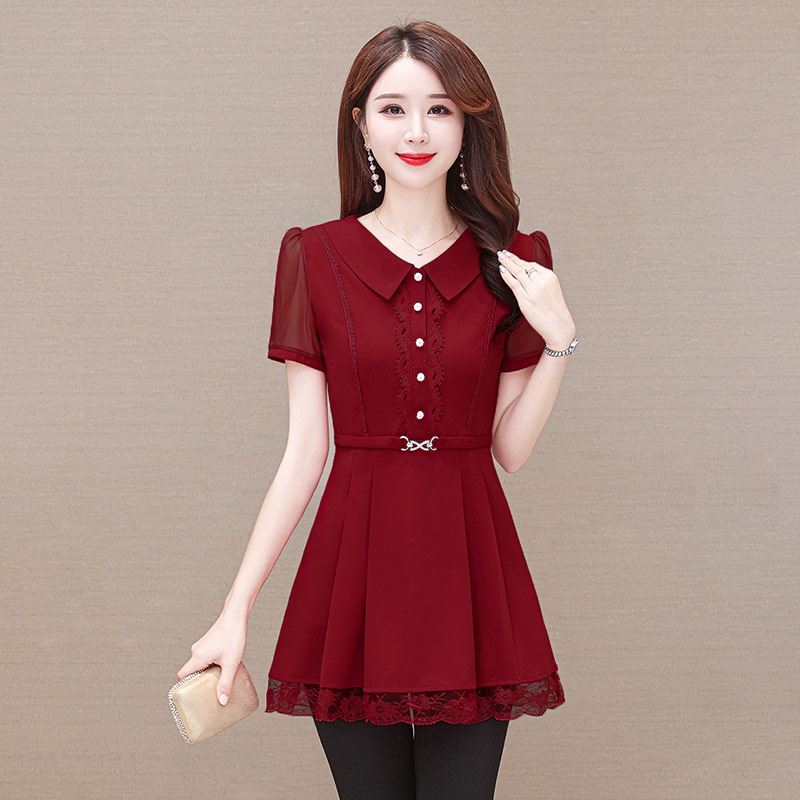 2026 Summer New Women's Lace Base Shirt, Slimming Waist, Tummy Covering, Stylish Mom's Wear, Age-Reducing Top