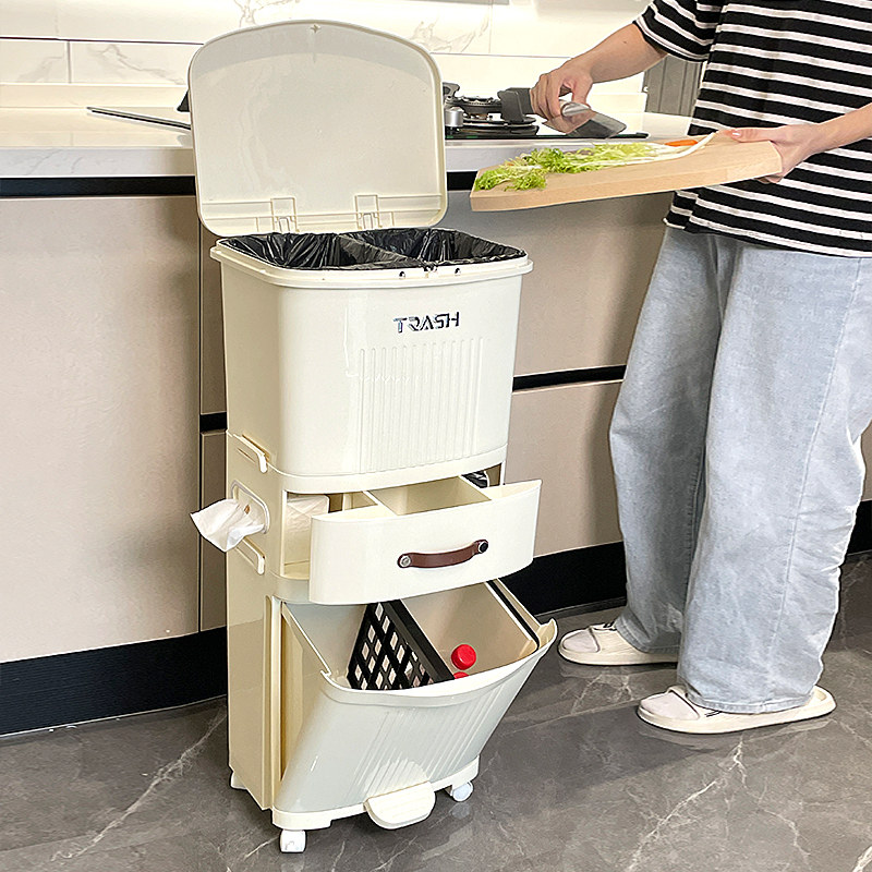 Kitchen Trash Can for Home Use with Lid, Thickened 2024 New Model, Large Capacity, Double-Layer, Dry and Wet Separation, Japanese Style