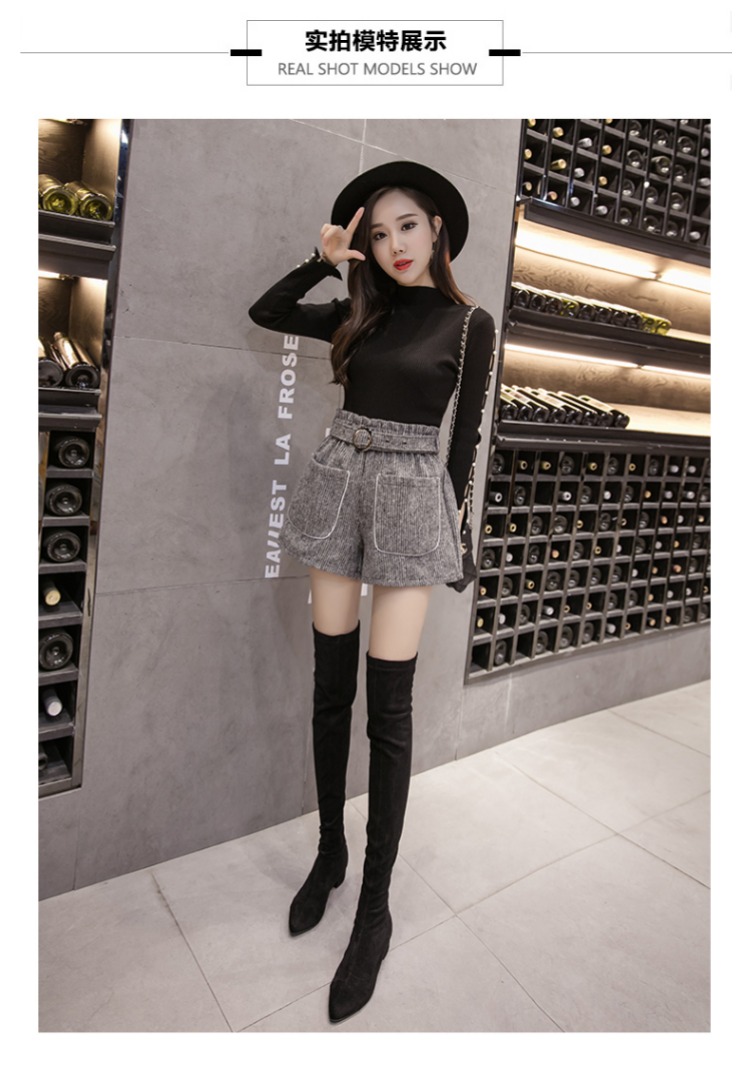 Quần short len ​​sọc nữ mùa đông 2018 mới quần ống rộng rộng eo cao hoang dã mặc quần len ống cao cổ thu đông thoi trang nu