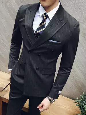 Suit suit Men's striped double-breasted groom wedding dress elastic casual slim formal Korean slim business