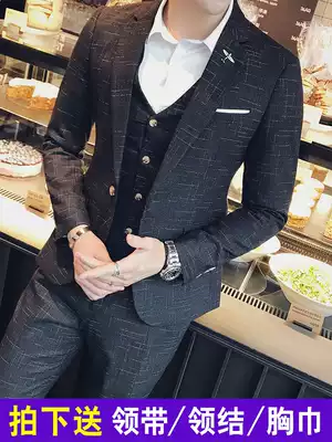 Suit suit men's three-piece Korean slim plaid groom wedding best man dress casual professional dress to work