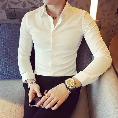 Shirt men's long-sleeved inch shirt Korean version of the trend casual formal dress handsome business bottoming free ironing shirt ice silky material
