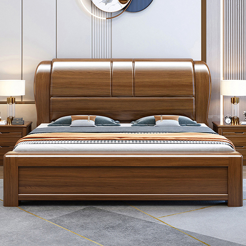 Thickened Walnut Solid Wood Bed, 1.8m Double Wedding Bed, Modern Simple Chinese Style High Box Storage, 2m Master Bedroom