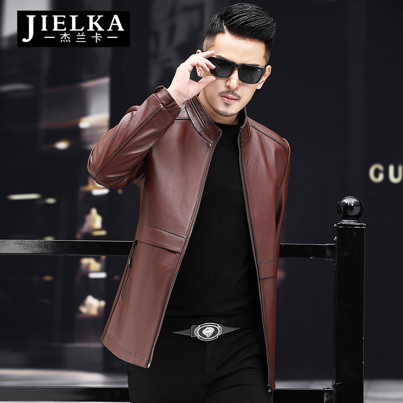 (clear warehouse special price) Henning leather clothes men genuine leather head layer of cow leather with long version of vertical collar leather jacket men's jacket