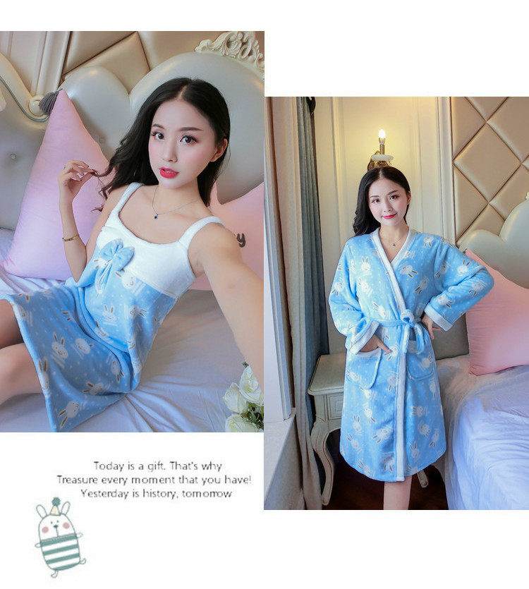 Mùa thu và mùa đông dễ thương nhung san hô dày áo ngủ nữ dài phần flannel đồ ngủ phụ nữ áo choàng ngủ váy hai mảnh đồ bộ mặc nhà