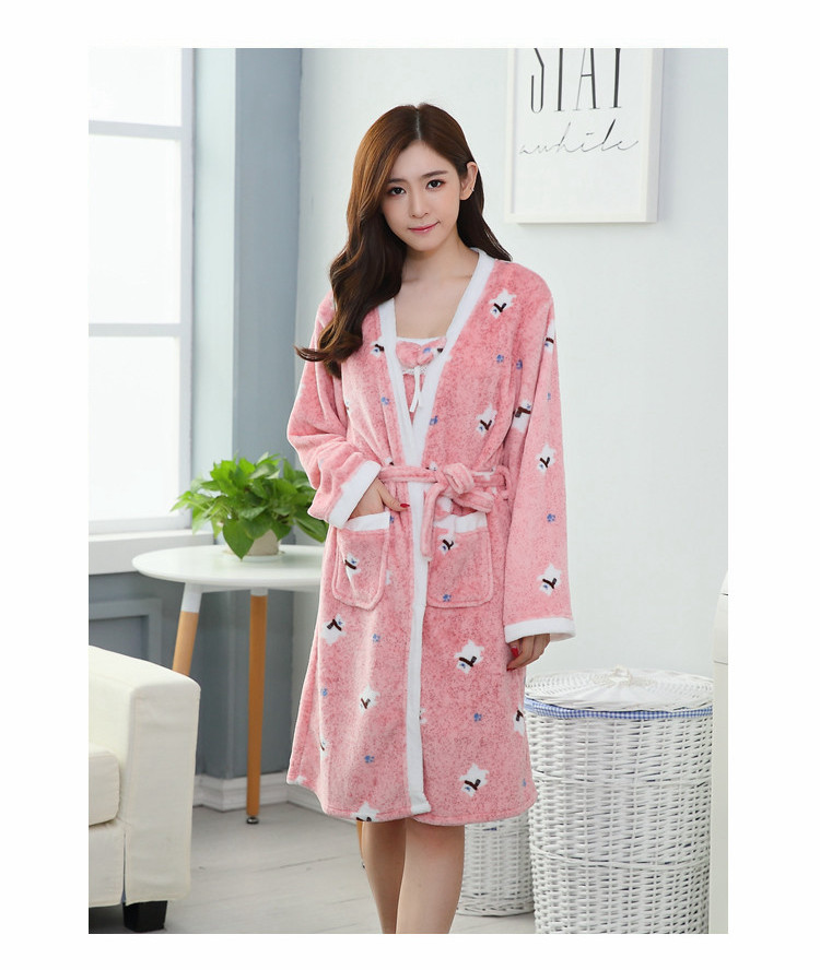 Váy ngủ nữ mùa thu và mùa đông san hô lông cừu dài tay đồ ngủ hai mảnh flannel dày áo ngủ gợi cảm áo choàng tắm dịch vụ nhà đồ bộ mặc nhà