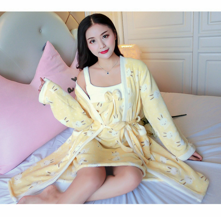 Đồ ngủ nữ mùa đông dày cộng với nhung flannel dài tay dịch vụ tại nhà mùa thu và mùa đông san hô lông cừu áo choàng ngủ áo choàng tắm gợi cảm váy ngủ lụa