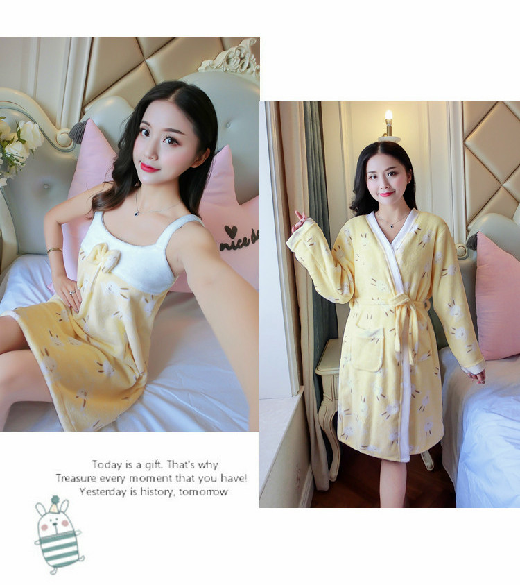Mùa thu và mùa đông dễ thương nhung san hô dày áo ngủ nữ dài phần flannel đồ ngủ phụ nữ áo choàng ngủ váy hai mảnh đồ bộ mặc nhà