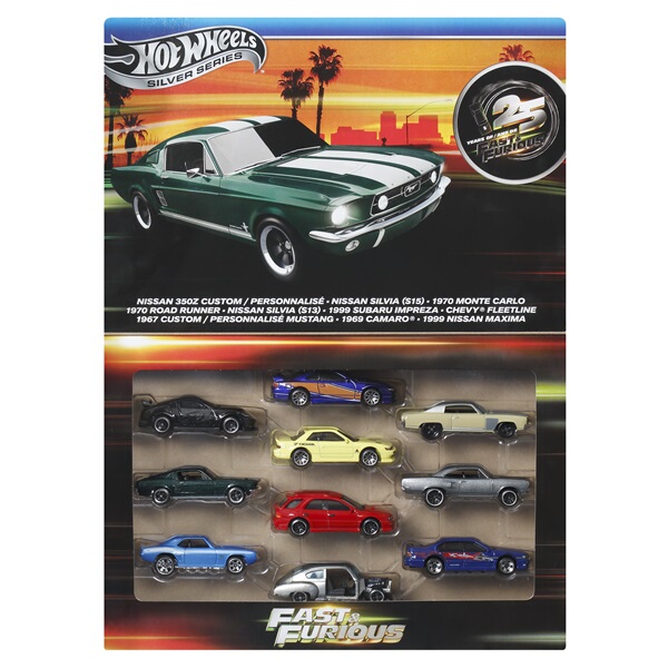Hot Wheels Fast & Furious 25Th Anniversary Edition Ten-Pack Nissan Dodge Alloy Car Model Set Jct92