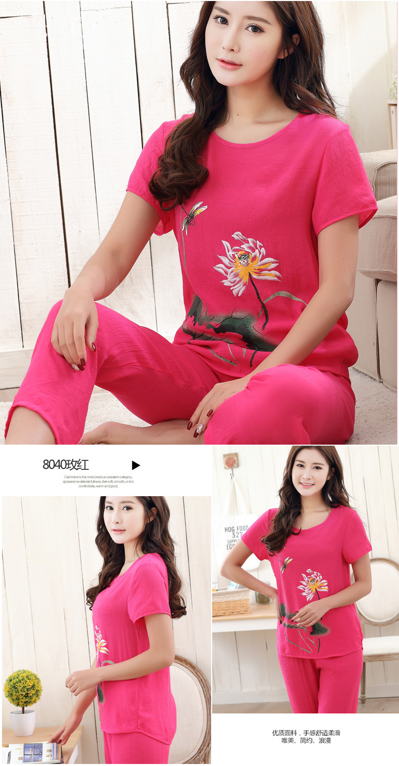 Mùa hè phụ nữ tay ngắn mẹ trung niên chất liệu cotton mỏng của mẹ chồng và bộ đồ ngủ bằng vải lanh có thể mặc XL đồ ngủ khủng long