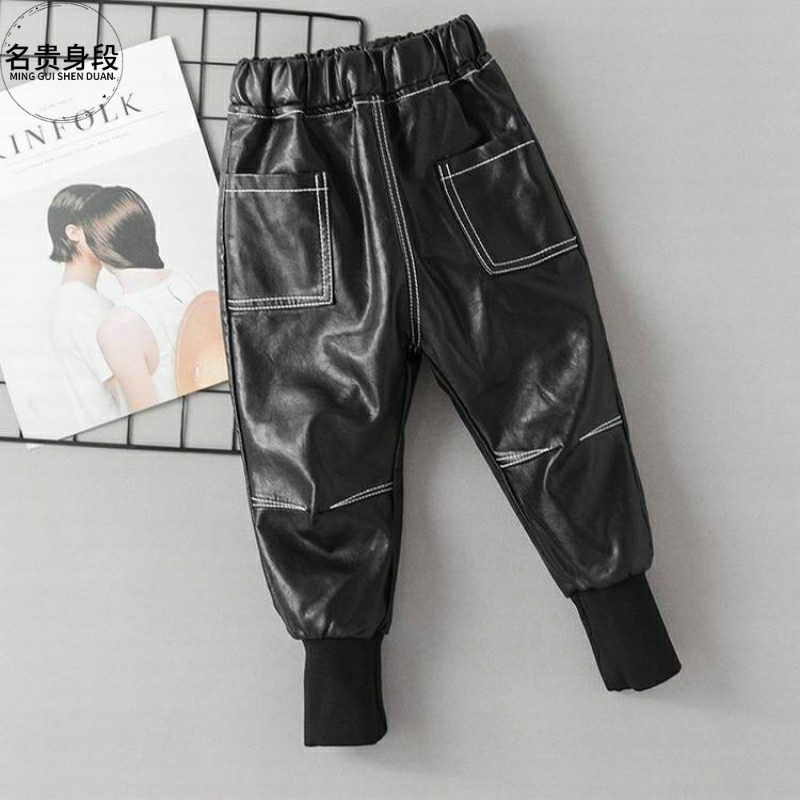 Autumn and winter boys and girls wear dirty windproof plus plus plush thick children's pants leather pants warm and dirty waterproof do not crack the skin