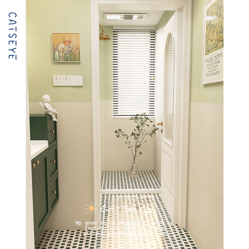 Cat's eye avocado green bathroom micro-cement tiles retro bathroom toilet wall tiles kitchen terrazzo floor tiles
