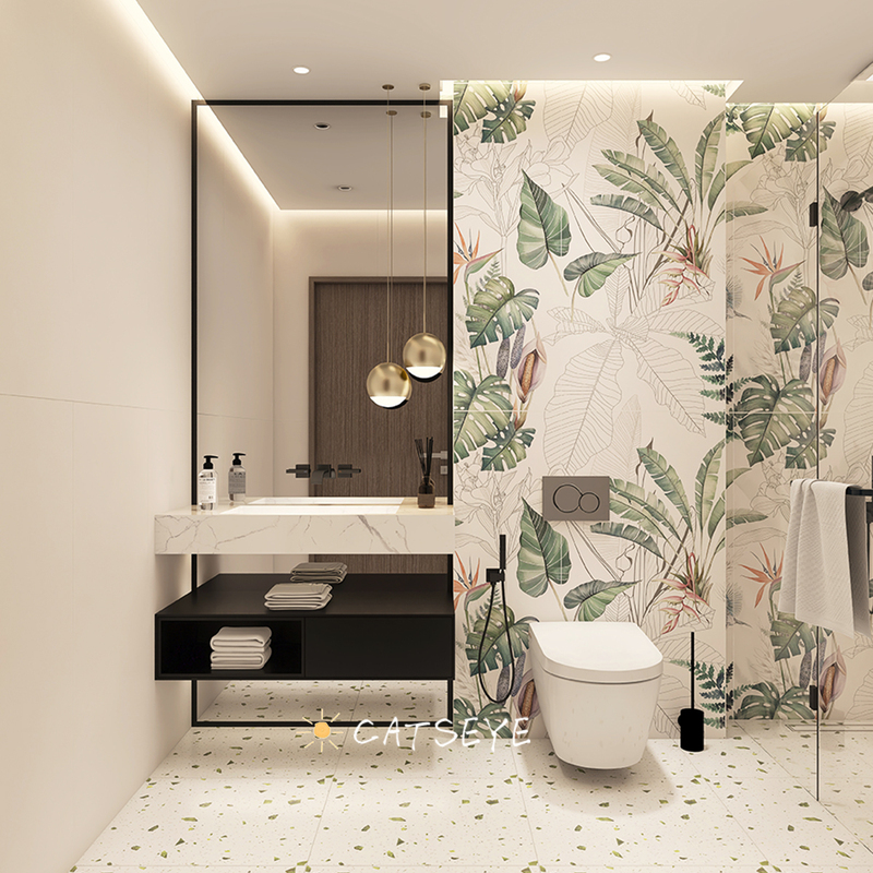 Cat's Eye Cream Style Bathroom Tiles French Plant Bathroom Tiles Toilet Monstera Wall Tiles Kitchen Floor Tiles